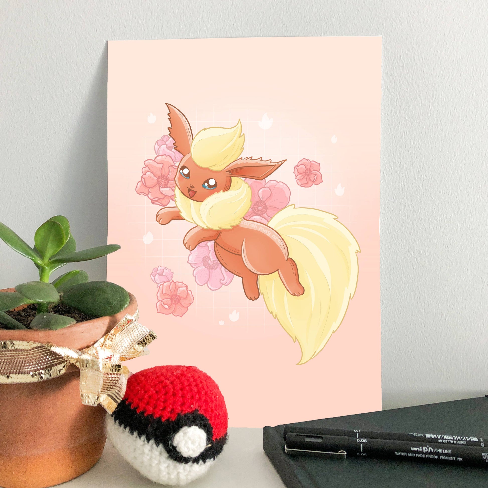 Flareon Print | Fine Line Pokemon Eeveelution Floral Art Sarah May Arts