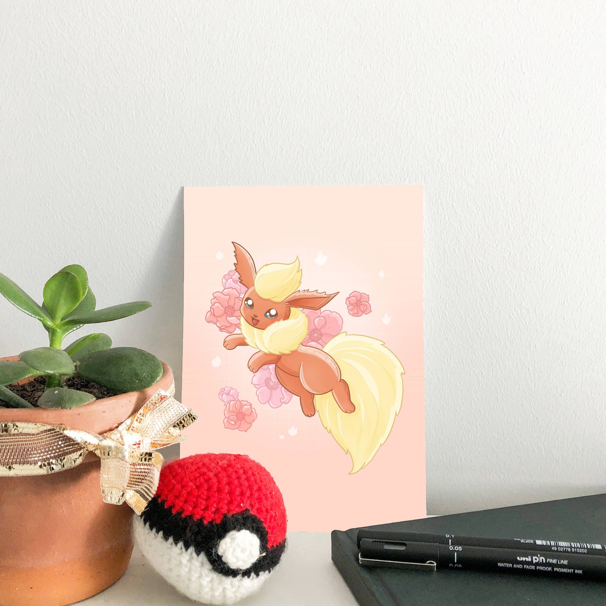 Flareon Print | Fine Line Pokemon Eeveelution Floral Art Sarah May Arts